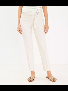 LOFT Devin Slim Ankle Pants Beige Linen Blend Paperbag Tie Waist Career Casual 6